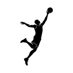 Silhouette of basketball player in mid air reaching for the basketball