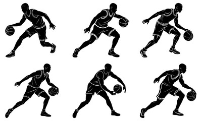 Silhouettes of basketball players dribbling balls in various positions