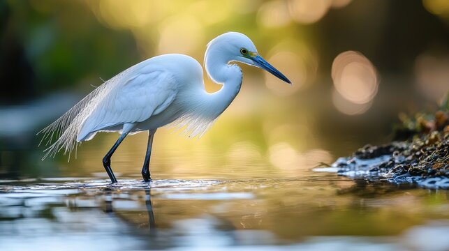 Little Egret fishing in reflective stream