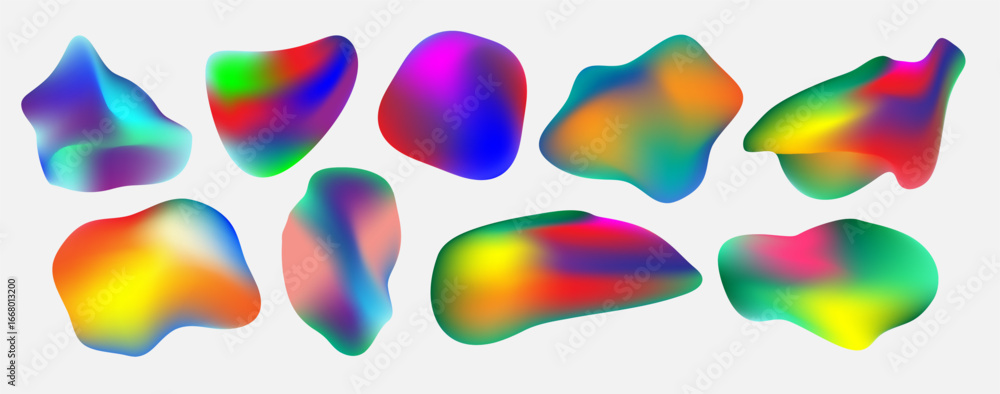 Poster set of abstract neon mesh organic shapes. y2k hologram abstract liquid elements in futuristic style.