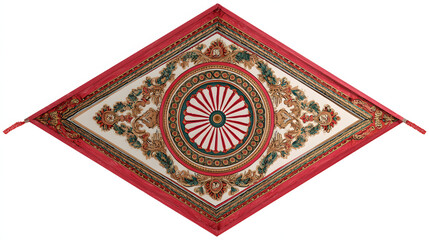 A diamond-shaped ornate ceiling decoration with a central circular design and decorative flourishes, framed by a red border.