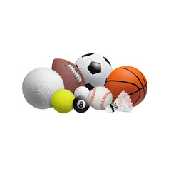 Collection of various sports balls and equipment arranged on a black background
