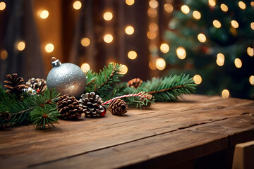 Empty wooden table, balls, christmas tree, lights on background, blurred bokeh. Christmas mock up banner to display, advertise product, promotion sale, presentation. New year, winter backgrounds. 