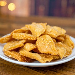 Golden, crispy treats on a white plate, set on a wooden surface