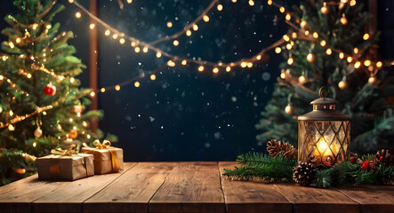 Empty wooden table, balls, christmas tree, lights on background, blurred bokeh. Christmas mock up banner to display, advertise product, promotion sale, presentation. New year, winter backgrounds.