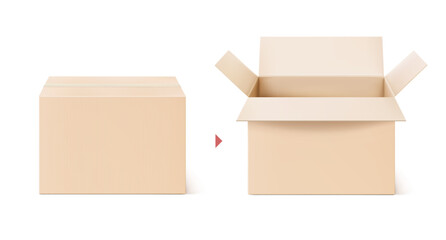 Realistic close and open kraft cardboard box mockup. Vector illustration isolated on white background. Can be use for template your design, presentation, promo, ad. EPS10.