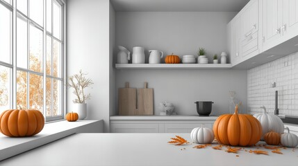Bright modern white kitchen decorated for autumn with pumpkins and seasonal accessories du daytime
