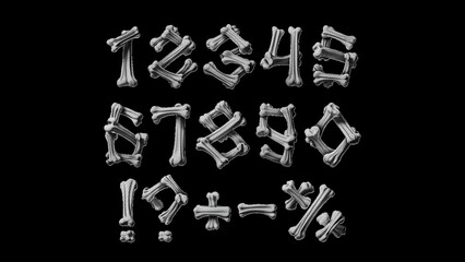 Bone numbers and skeleton digits in monochrome gothic horror style for Halloween typography