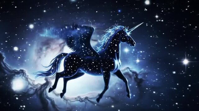 Mystical winged unicorn in a starry sky