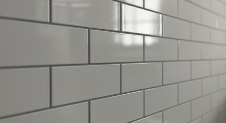 White rectangular wall tiles with grout lines angled perspective