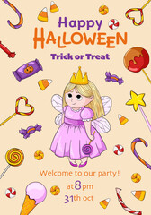 Trick or Treat card design with fairy girl in crown and wings surrounded by candy and sweets. Halloween party poster template for flyers, greeting cards, invitations, banners, covers and web