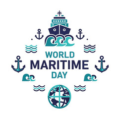 Infographic-style design with icons of ships, anchors, waves, and a globe, World Maritime Day