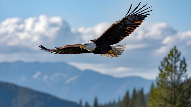 Bald eagle flying over mountain landscape / Elang botak terbang di atas pegunungan
