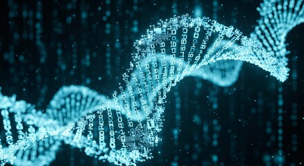Dynamic DNA helix with binary code representing technology innovation.