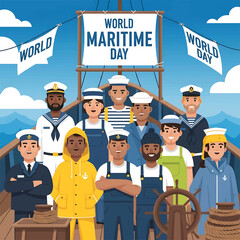 Cartoon-style image of sailors, fishermen, and marine workers smiling on a ship deck, World Maritime Day