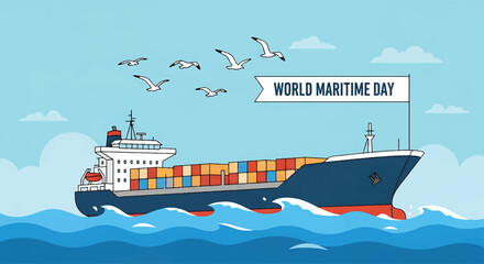 Cartoon-style image of sailors, fishermen, and marine workers smiling on a ship deck, World Maritime Day