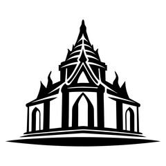 Fototapeta premium Traditional temple illustration in black and white-Black and white vector illustration of a traditional temple with pointed spires and ornate architectural details, symbolizing spirituality, culture,