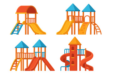 Children's playground equipment set. Colorful outdoor park structures with slides for fun and recreation. Kids play area and school yard activity. Vector cartoon illustration.