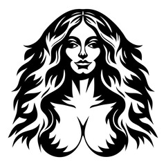 Black and white illustration of mystical woman-Vector artwork of a mysterious woman with flowing hair and strong features, perfect for tattoo designs, fantasy themes, or decorative art.