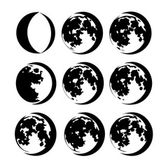 Nine black and white moon phase illustrations-Vector set of nine moon phases in black and white, symbolizing lunar cycle, astronomy, astrology, and mystical cosmic patterns.