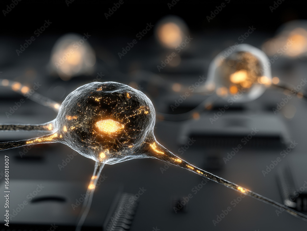 Poster 3d visualization of artificial neurons on silicon chip with glowing synapses for advanced ai hardwar