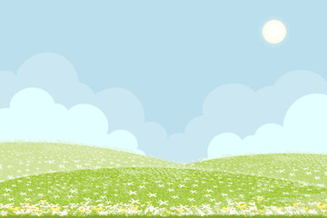 Sky,cloud background,Cartoon spring landscape vector with clear blue sky,white cloudy,green hill,meadow field on rural farm scenery.Easter Banner nature design,park illustration,mountain travel themes
