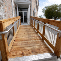 Wooden accessibility ramp leading to building entrance.