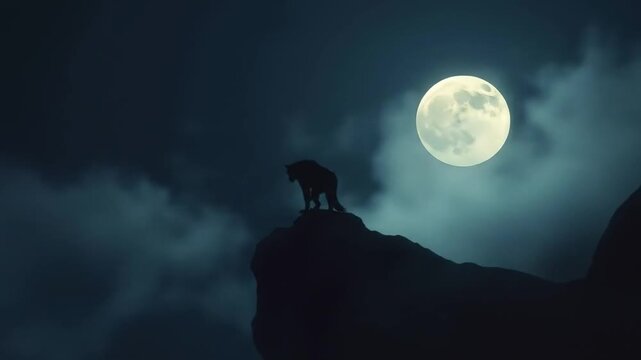 Creepy Wolf on Moonlit Cliff in Eerie Fog, A Scary Halloween Concept. 4k video