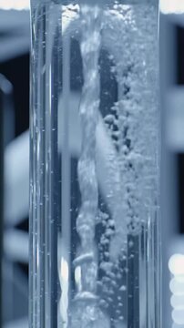 crystal-clear deionized water slowly cascades in a vertically framed minimalist glass bioreactor, internally lit by cool LEDs, with abstract futuristic bokeh. a precise push-in dolly video, concept