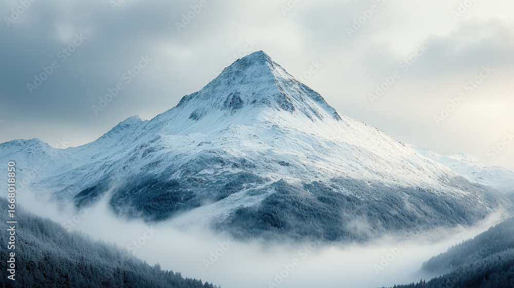 Poster fog envelops a mountain peak at dawn, creating a tranquil and isolated atmosphere in cool tones