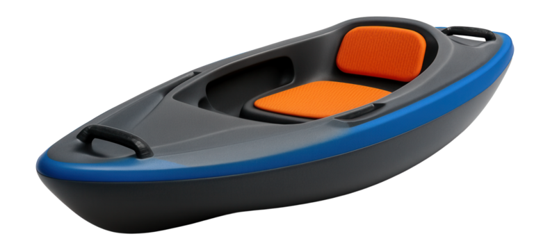 Rotomolded recreational kayak with molded-in handles and a wide beam for stability in calm bays