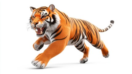 Obraz premium Fierce running tiger with striking stripes on white background