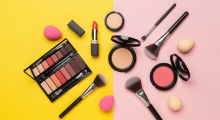 Vibrant makeup collection with eyeshadow palette, lipstick, brushes, and sponges on a split yellow and pink background