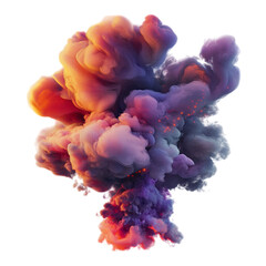 Obraz premium Colorful smoke cloud explosion in purple, blue, orange, and red on white background, dynamic abstract motion and particles