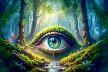 eye of the world. close up of a eye. Moss and leaves covered Eye of a woman in woodland. 
