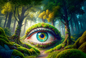 eye of the world. close up of a eye. Moss and leaves covered Eye of a woman in woodland. 