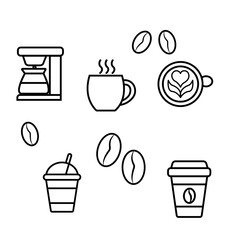 coffee icons set Minimalist line art illustration set with coffee theme. Includes cups, beans, mugs, coffee pot, and decorative autumn-inspired doodles. Perfect for design and print.