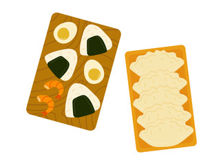 Delicious combination of sushi, dumplings, and shrimp served on wooden and orange trays at a casual dining setting