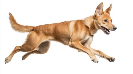Energetic brown dog leaping mid-air on a white background with alert ears and playful expression