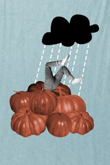 3D collage design trend sketch of foliage wet leaves autumn rainfall pile pumpkin body legs...