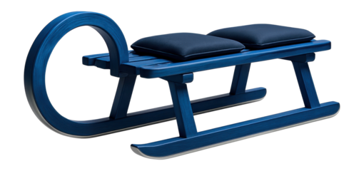 Blue wooden sled with a curved front and metal runners for snowy hills