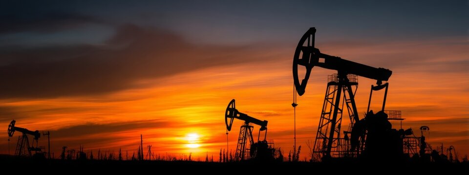 In the evening, oil pumps are running, Silhouette of beam pumping unit