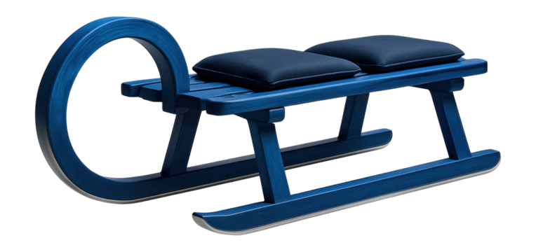 Blue wooden sled with a curved front and metal runners for snowy hills