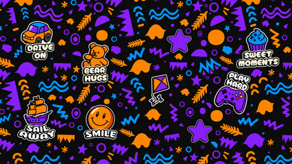 Fototapeta premium Geometric Pattern with Icons - Modern Pop Art Seamless Background Design for Digital Graphics, Prints, and Textiles