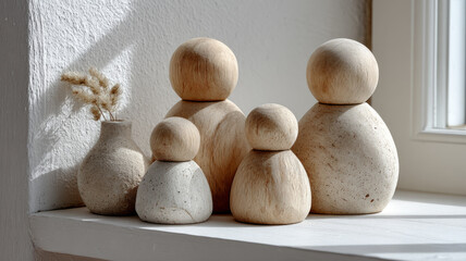 Wooden figures on a windowsill in natural light.