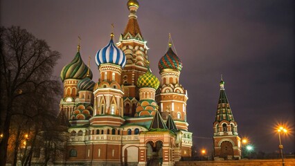Obraz premium Low Angle Night View of Saint Basil Cathedral in Moscow Russia with Illuminated Domes