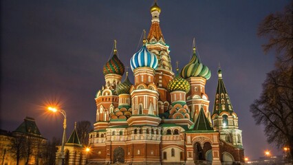 Low Angle Night View of Saint Basil Cathedral in Moscow Russia with Illuminated Domes