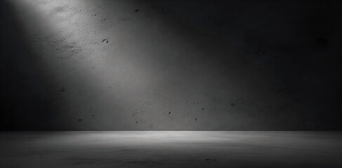 Dark empty room with concrete wall background, spotlight for product display. Dramatic black scene with light beam, grunge texture. Moody industrial interior for premium mockup