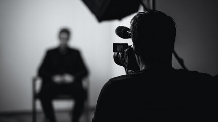 Photographer captures anonymous interviewee sitting in shadow, creating dramatic and mysterious atmosphere. focus is on camera and subject silhouette