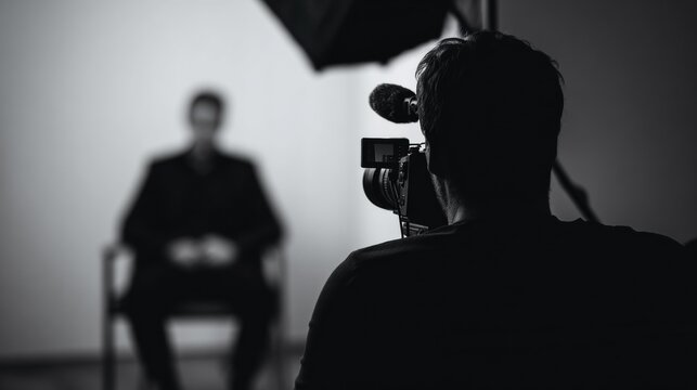 Photographer captures anonymous interviewee sitting in shadow, creating dramatic and mysterious atmosphere. focus is on camera and subject silhouette